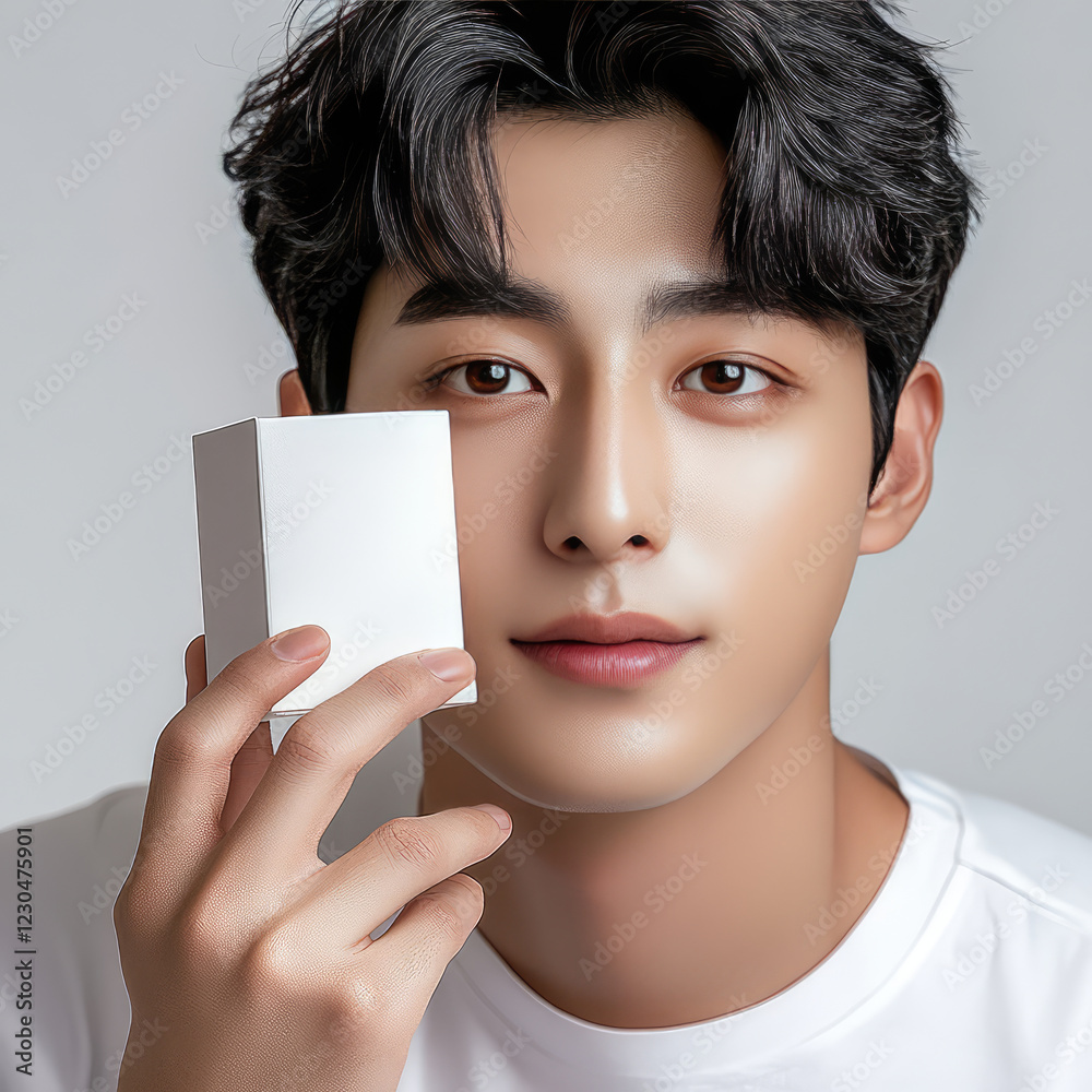 young asian korean man holding blank white box, showcasing clean and minimalist aesthetic. His expression is calm and inviting, emphasizing product simplicity young asian korean man holding blank white box, showcasing clean and minimalist aesthetic. His expression is calm and inviting, emphasizing product simplicity