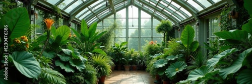 A serene greenhouse filled with exotic plants and ferns, garden, verdant photo