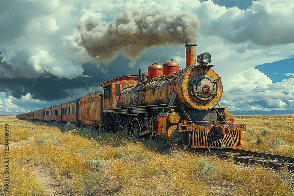 Naklejka premium Rusty Relic Steam Train Across Desolate Plains