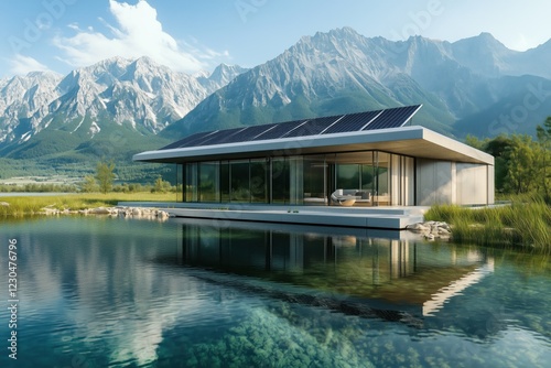 House featuring modern architecture and solar panels set against serene mountainous landscape, surrounded by calm water perfect for relaxing and enjoying nature