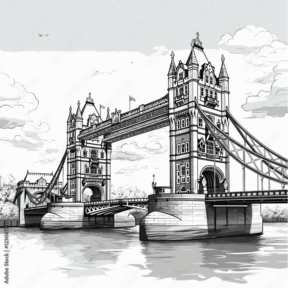 Obraz premium Tower Bridge hand-drawn comic illustration. Tower Bridge. Vector doodle style cartoon illustration