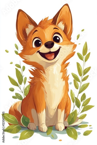 Happy fox pup, sitting amidst green leaves, joyful expression, children's book illustration photo