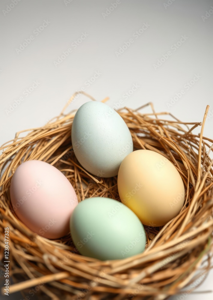Four pastel-colored easter eggs nestled in a natural straw nest isolated on a white background easter egg holiday illustration celebration easter Four pastel-colored easter eggs nestled in a natural straw nest isolated on a white background easter egg holiday illustration celebration easter