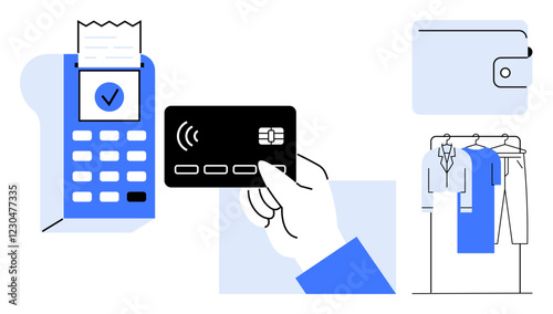 Hand holding card near payment terminal, receipt printing, wallet and clothing items. Ideal for retail, finance, technology, shopping, convenience fashion business concepts. Line metaphor