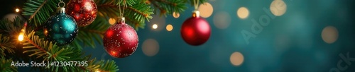 Fir branches adorned with colorful glass balls suspended from delicate white fairy lights, glowing lights, twinkling fairy lights