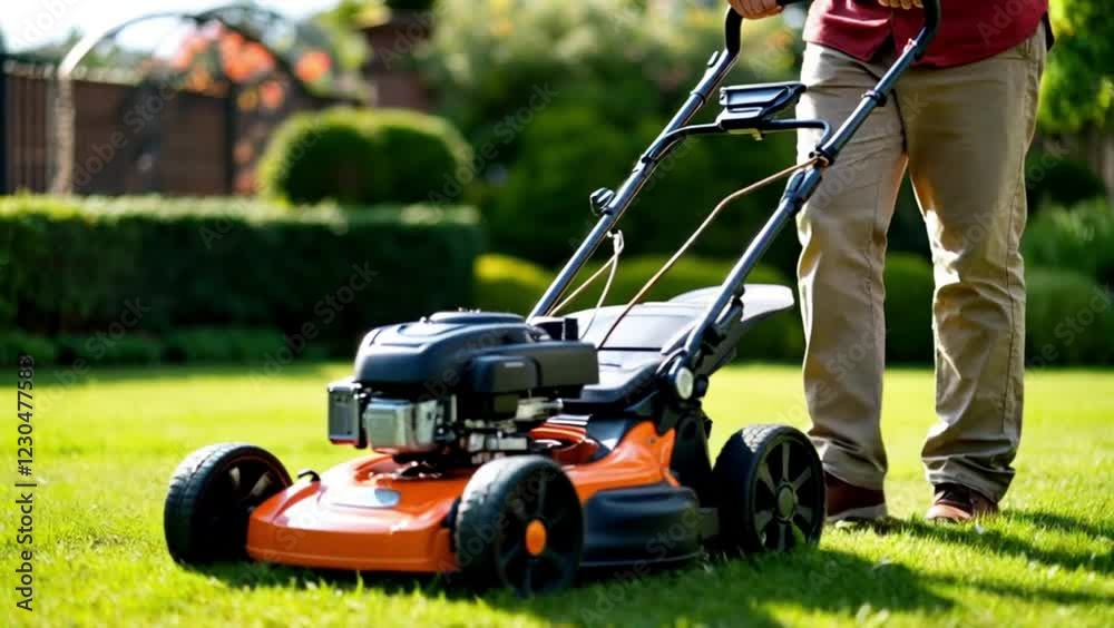Man Operating a Modern Orange Lawn Mower on a Lush Green Lawn Man Operating a Modern Orange Lawn Mower on a Lush Green Lawn