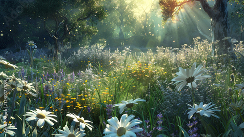 A sunlit glade with wildflowers in full bloom, including white daisies, lavender, and golden buttercups