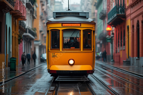 Yellow Tram Travels Down A Rainy City Street
