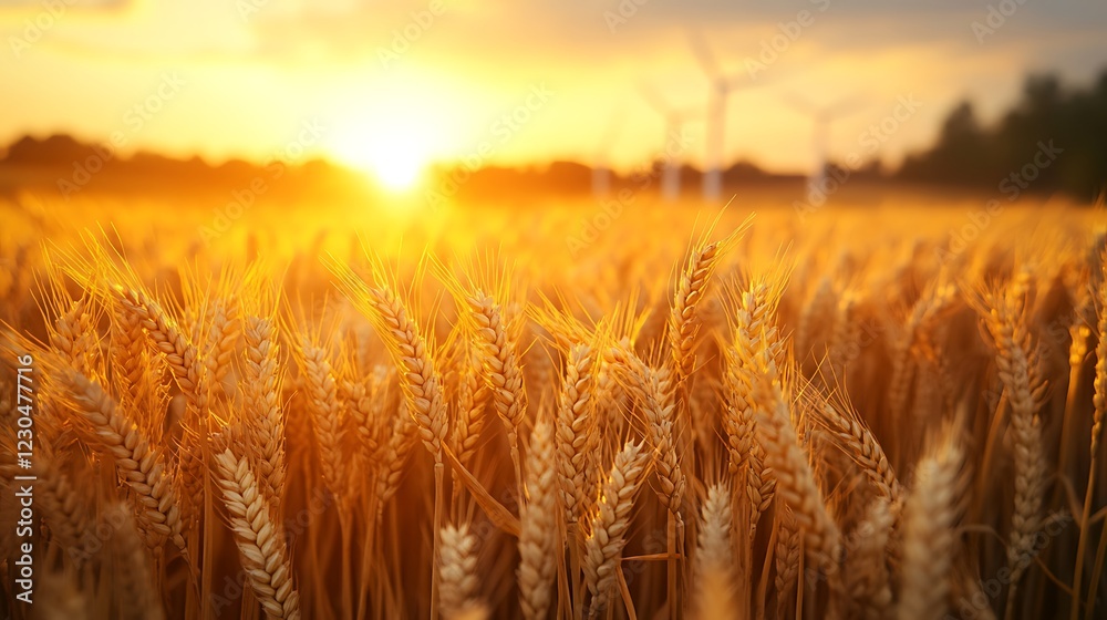 Wheat Field at Sunset with Wind Turbines Wheat Field at Sunset with Wind Turbines