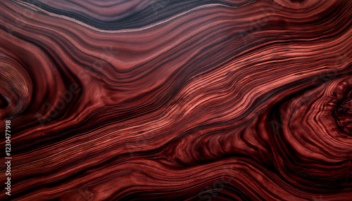 Luxurious rosewood texture featuring bold, swirling grain patterns in deep burgundy and dark chocolate hues, enhanced by a slightly glossy finish, showcasing the richness and elegance of fine wood