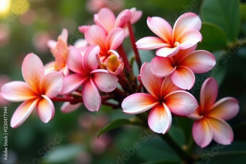 Frangipani blooms in shades of pink and white on a trellis, bloom, floral