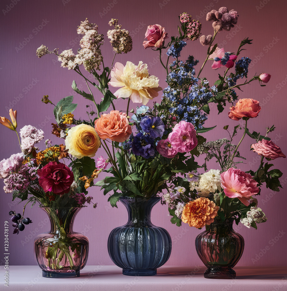 vibrant display of antique style flowers in three different vases, showcasing variety of colors and textures against soft gradient background. arrangement exudes cheerful and lively atmosphere vibrant display of antique style flowers in three different vases, showcasing variety of colors and textures against soft gradient background. arrangement exudes cheerful and lively atmosphere