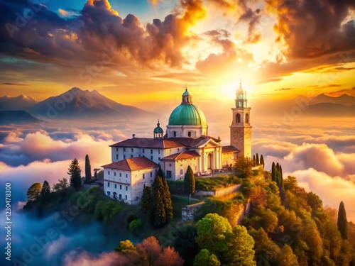 Surreal Sunset over Vicenza's Monte Berico Sanctuary: Dreamlike Italian Landscape