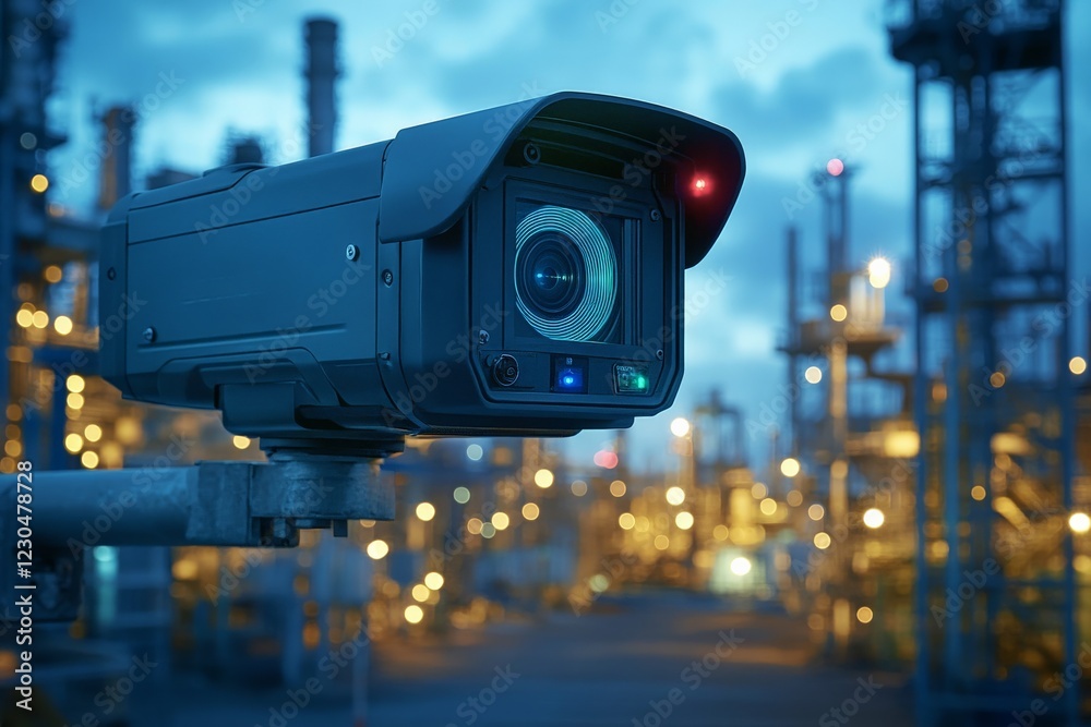 Security camera monitors industrial site at dusk with glowing lights and structures in the background Security camera monitors industrial site at dusk with glowing lights and structures in the background