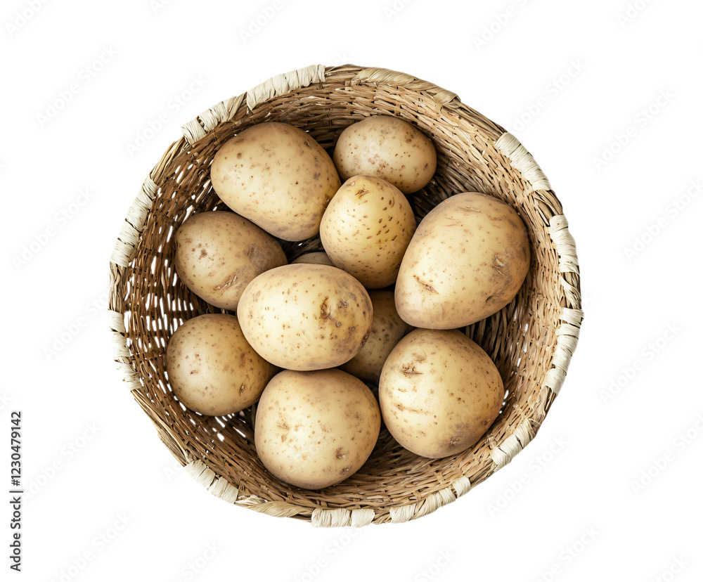 Potatoes in wicker basket top view isolated on transparent background Potatoes in wicker basket top view isolated on transparent background
