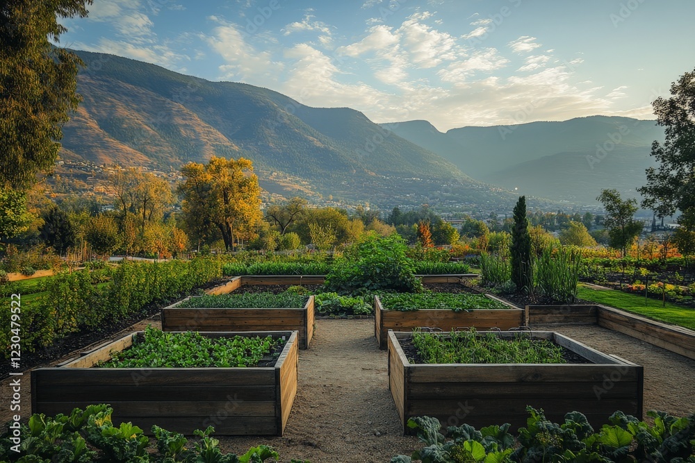 Fototapeta premium Community garden thriving in the mountains during late afternoon sunlight