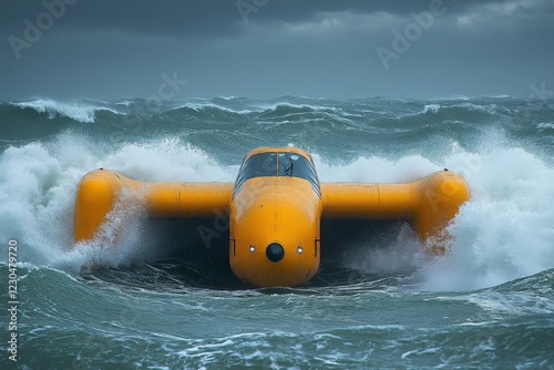 Innovative yellow watercraft navigates fierce ocean waves under stormy skies in an exhilarating marine adventure photo