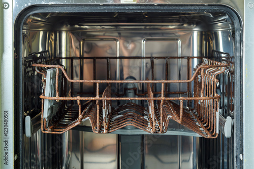 Rusted dish rack inside an old dishwasher, showing severe corrosion and wear. Aged appliance in need of maintenance and repair.