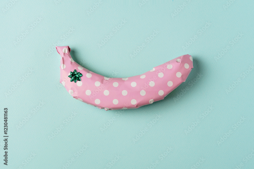 Banana wrapped in pink polka dot gift paper with small green bow on pastel blue background, creating playful and creative composition. Banana wrapped in pink polka dot gift paper with small green bow on pastel blue background, creating playful and creative composition.
