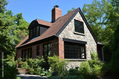 Wallpaper Mural Charming stone and brick house nestled in a lush garden on a sunny day with a clear blue sky in a tranquil neighborhood setting Torontodigital.ca