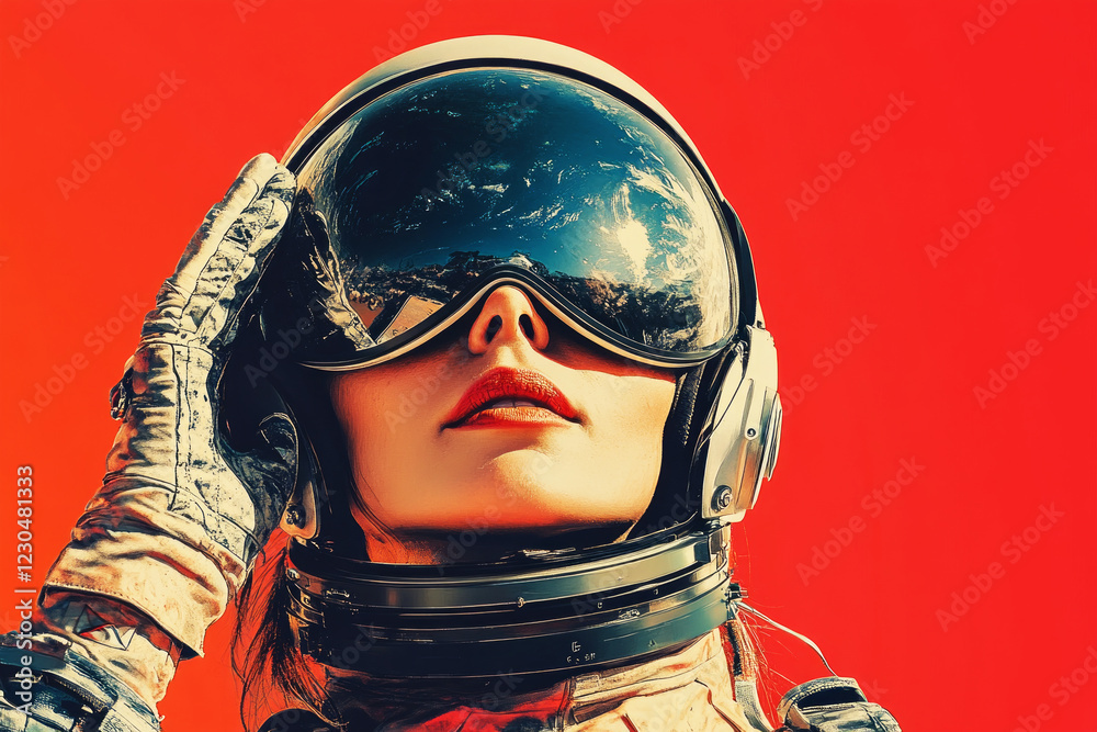 A vibrant poster features a woman astronaut in a 1950s-inspired space uniform, saluting while floating in zero gravity with a clean, minimal backdrop of Earth from space