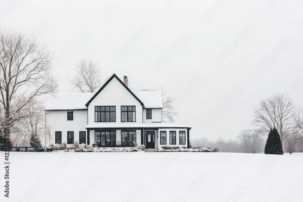 Naklejka premium Classic white farmhouse stands against a snowy landscape surrounded by trees during winter season, showcasing tranquil rural beauty and peaceful solitude