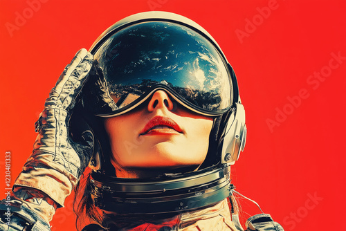 Obraz na płótnie A vibrant poster features a woman astronaut in a 1950s-inspired space uniform, saluting while floating in zero gravity with a clean, minimal backdrop of Earth from space w salonie