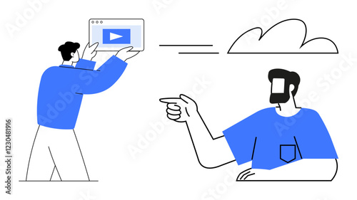 Two figures interacting, one holding a media tablet with a play button, another pointing. Ideal for teamwork, digital communication, media sharing, collaboration, technology, virtual meetings