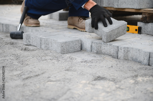 The master in gloves lays paving stones in layers. Garden brick pathway paving by professional paver worker. Laying gray concrete paving slabs in house courtyard on sand foundation base