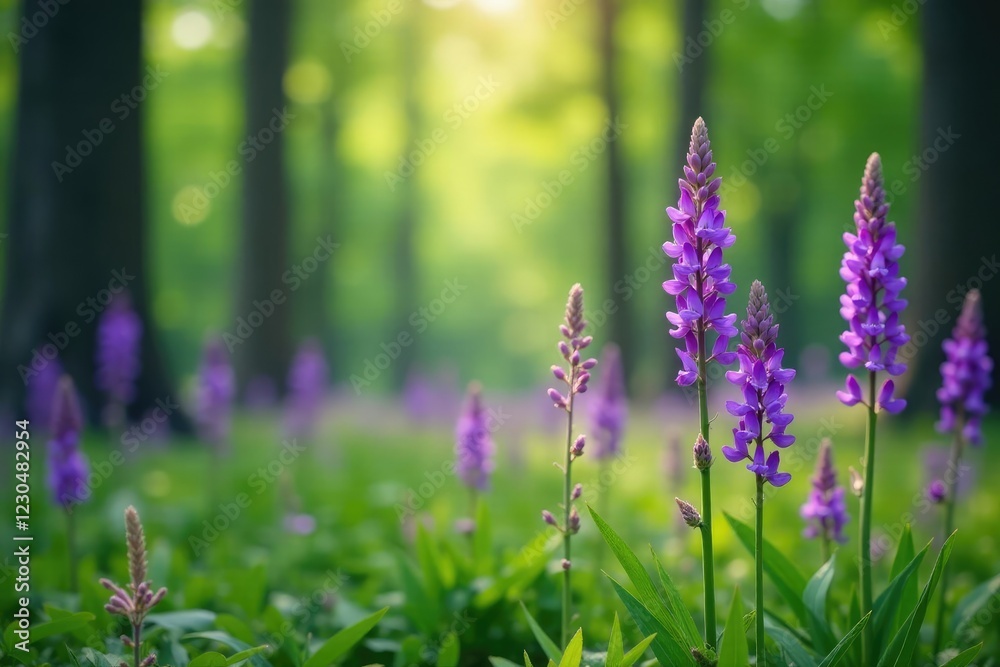 Tall stems of purple flowers in forest clearing, meadow, nature Tall stems of purple flowers in forest clearing, meadow, nature