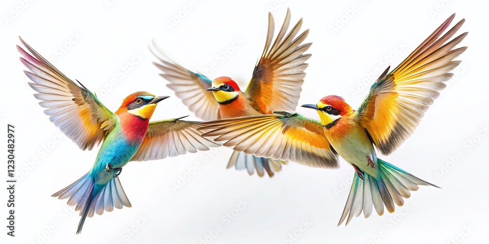 Fototapeta premium Three Birds in Flight, White Background, Low Light Photography