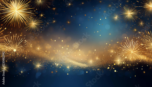 New Year's celebration gradient background with shimmering gold transitioning into midnight blue, highlighted by soft light flares and subtle fireworks, evoking a festive and elegant ambiance photo