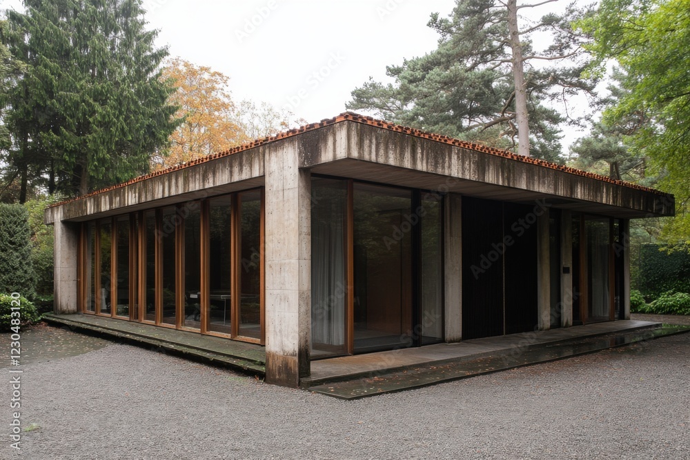 Modern architectural design showcased in a concrete and glass building situated in a lush garden setting surrounded by trees during autumn Modern architectural design showcased in a concrete and glass building situated in a lush garden setting surrounded by trees during autumn