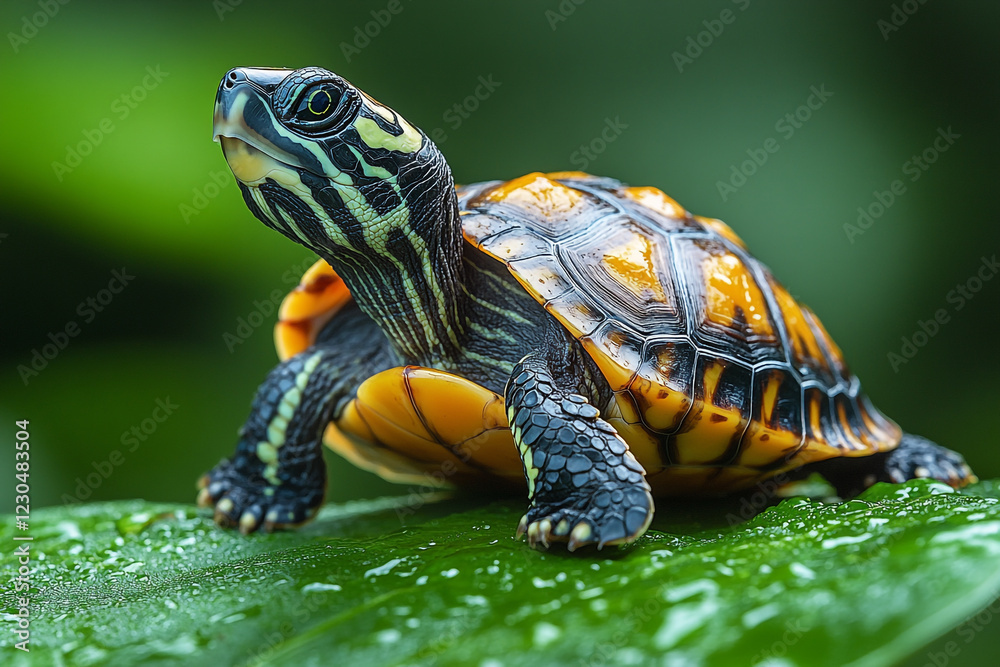 Obraz premium Young Yellow Bellied Slider Turtle on Leaf