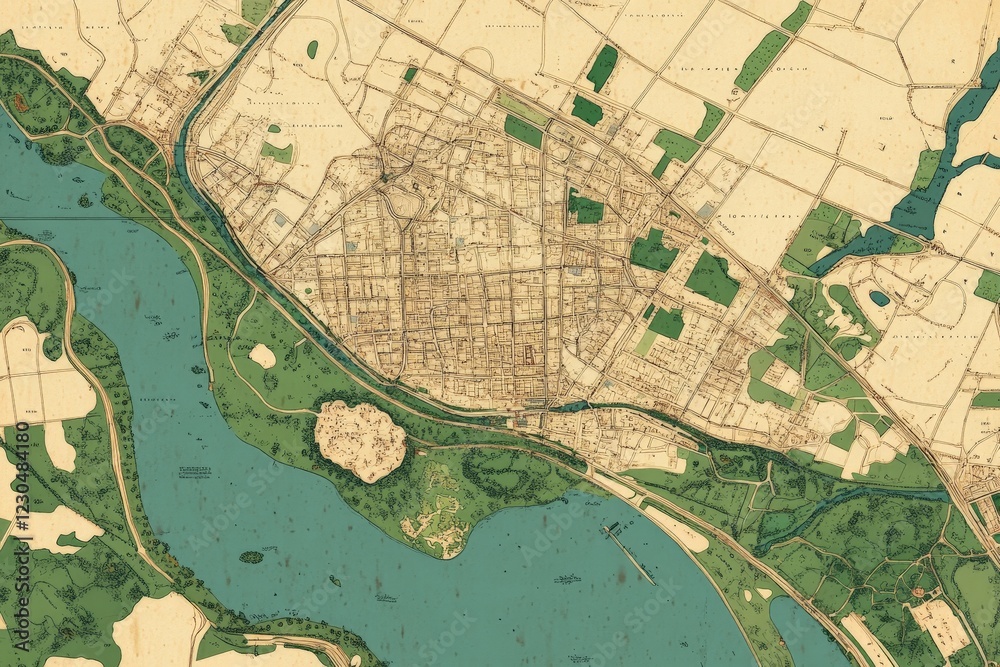 Fototapeta premium Historical map of a river town surrounded by lush fields and waterways illustrations