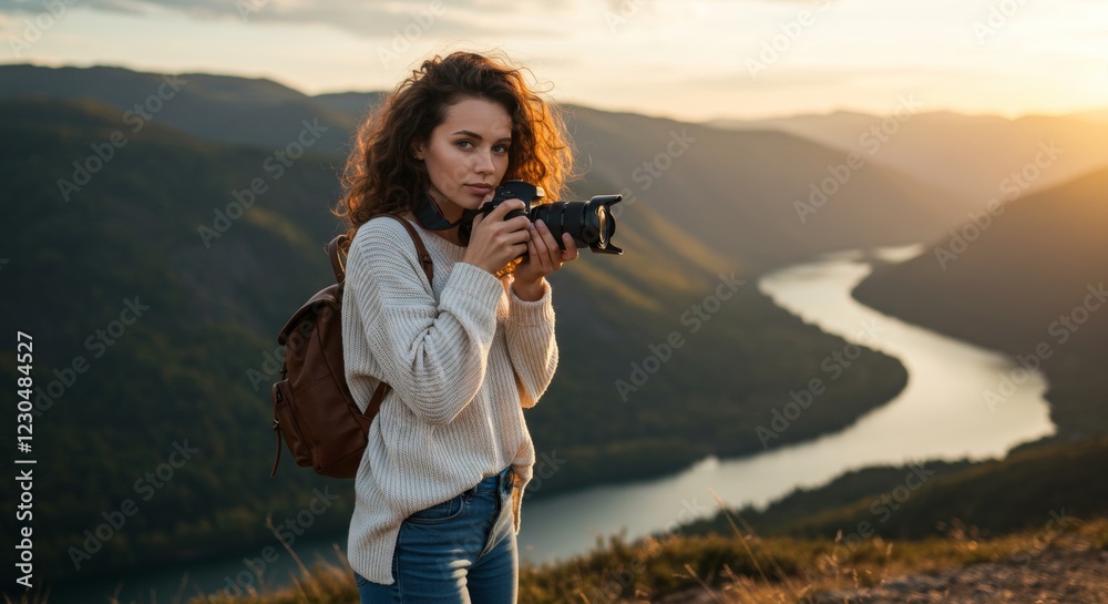 Obraz premium A young female travel photographer with curly brown hair and blue eyes, standing on a scenic hilltop during golden hour
