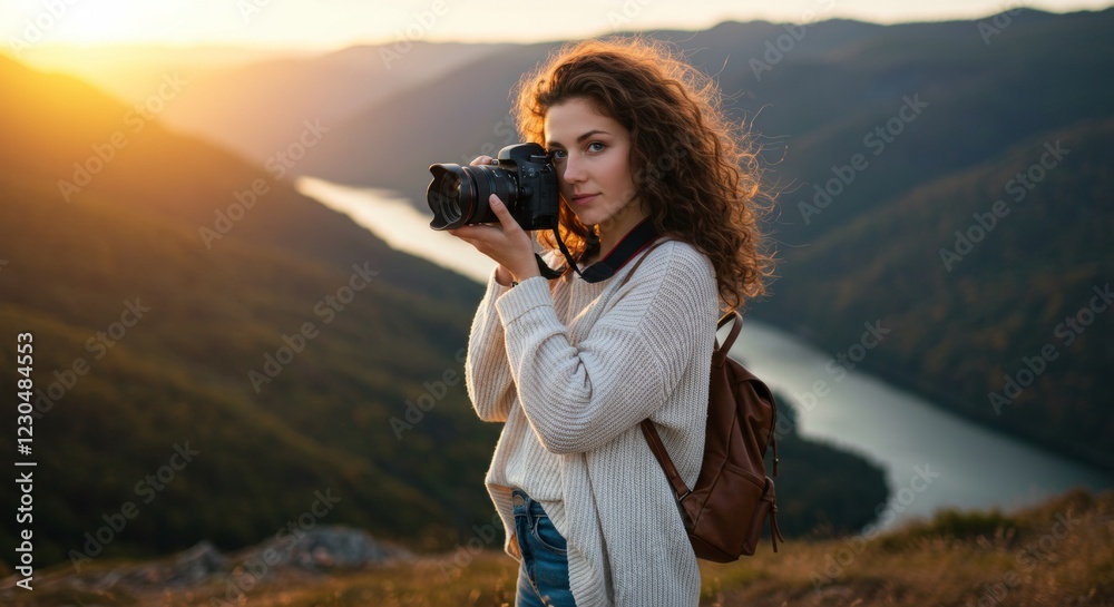 Obraz premium A young female travel photographer with curly brown hair and blue eyes, standing on a scenic hilltop during golden hour