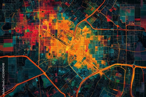 Urban heat map showcasing temperature variations across the city at night