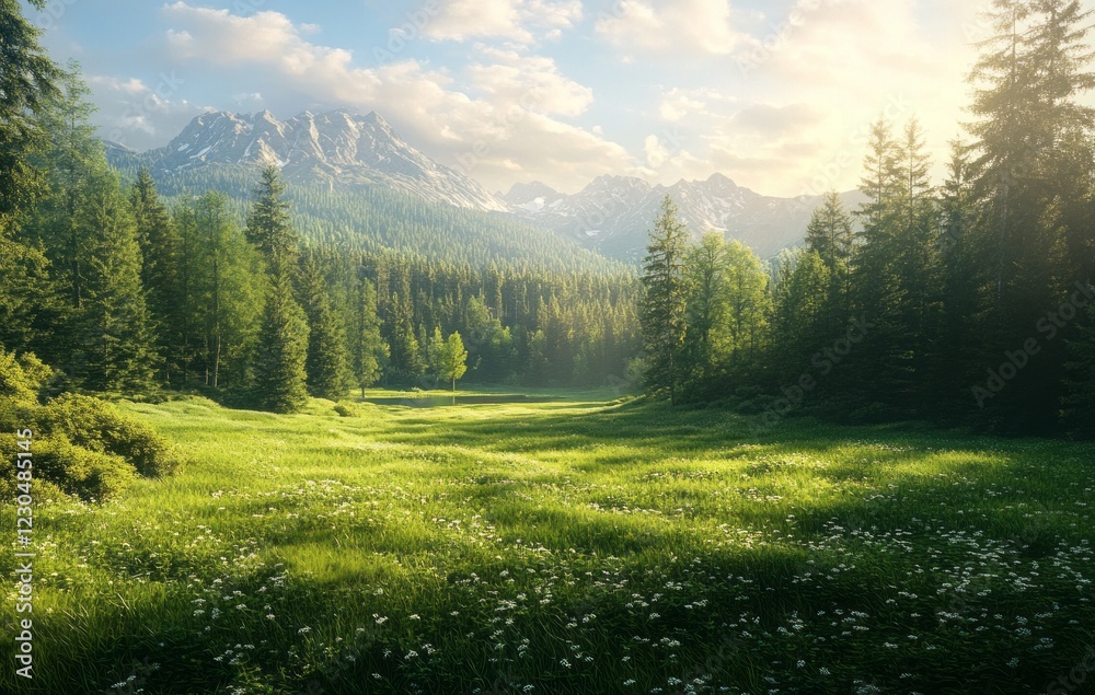 Serene green meadow surrounded by tall trees and majestic mountains basking in warm sunlight during golden hour