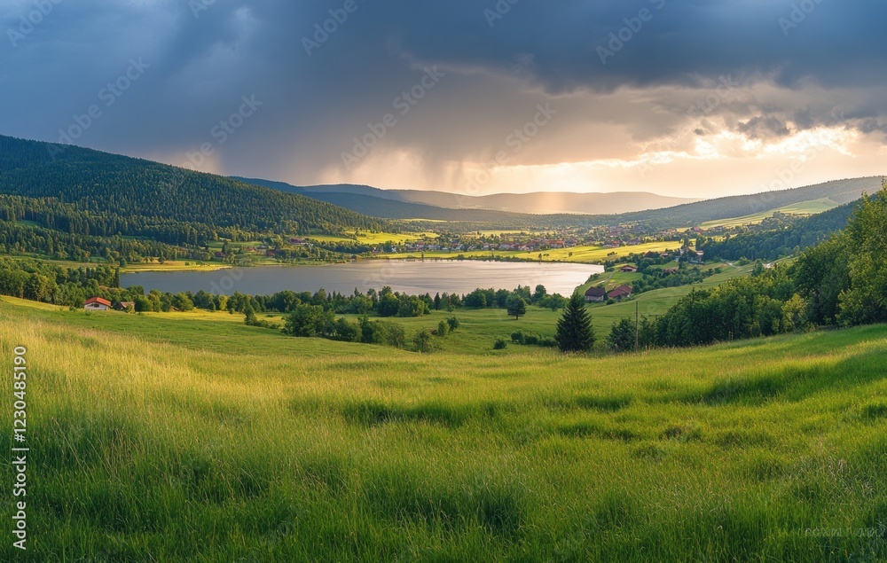 Dramatic landscape featuring a tranquil lake surrounded by lush hills under an expansive sky at sunset with approaching storm clouds