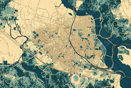 Detailed map of a city showcasing streets, water bodies, and green areas in a unique color palette, emphasizing urban design and geography photo