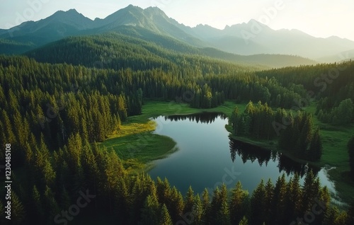 Obraz na płótnie Majestic mountain landscape with serene lake reflecting nature's beauty during golden hour in pristine wilderness w salonie