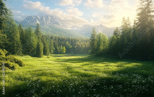 Obraz na płótnie Serene green meadow surrounded by tall trees and majestic mountains basking in warm sunlight during golden hour w salonie