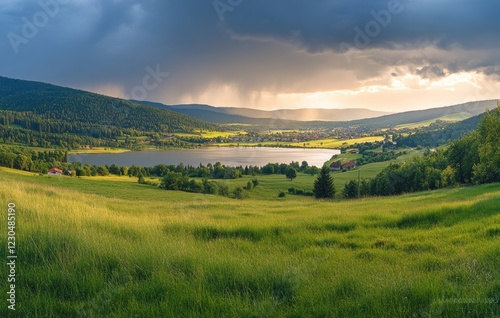 Obraz na płótnie Dramatic landscape featuring a tranquil lake surrounded by lush hills under an expansive sky at sunset with approaching storm clouds w salonie