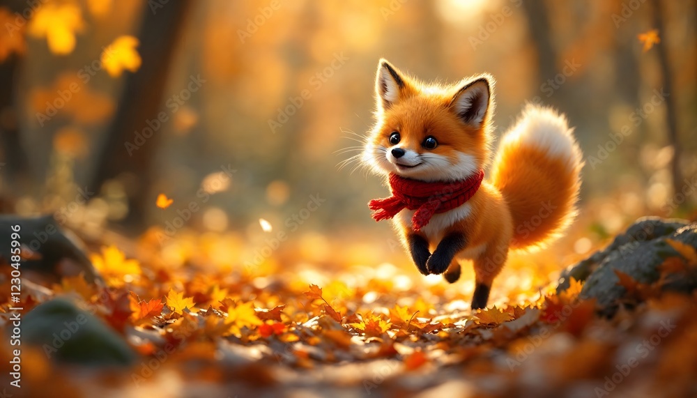 Obraz premium Adorable Fox Kit Running Through Autumn Leaves