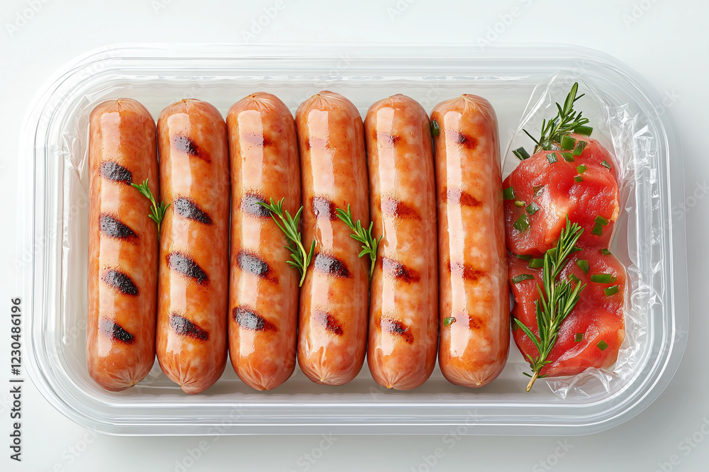 Freshly packed raw sausages in transparent plastic packaging with seasoning, high-quality meat product concept for grocery shopping, butcher shop, and fresh food industry marketing Freshly packed raw sausages in transparent plastic packaging with seasoning, high-quality meat product concept for grocery shopping, butcher shop, and fresh food industry marketing