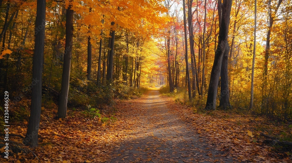 Autumn Forest Path: Golden Canopy, Sunlit Trail, Serene Landscape Autumn Forest Path: Golden Canopy, Sunlit Trail, Serene Landscape