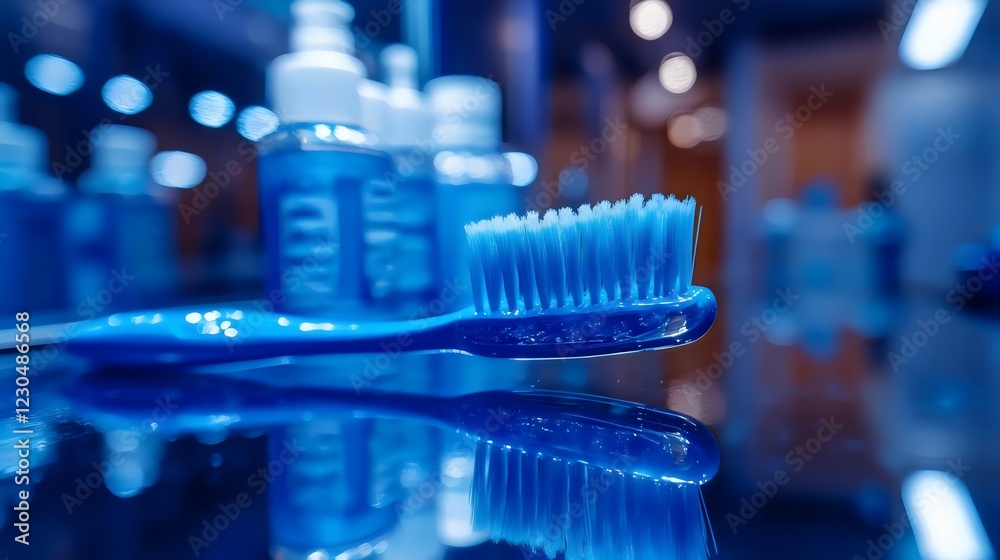A blue toothbrush is on a counter next to a bottle of mouthwash A blue toothbrush is on a counter next to a bottle of mouthwash