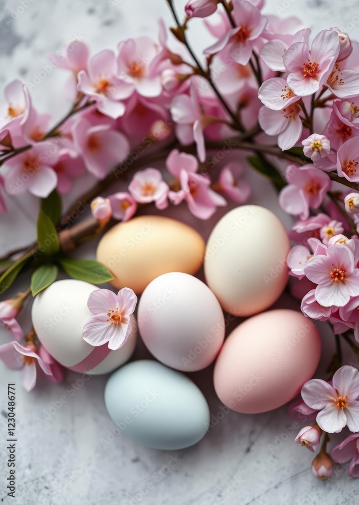 Pastel easter eggs and spring blossoms on a textured background easter egg holiday illustration celebration easter Pastel easter eggs and spring blossoms on a textured background easter egg holiday illustration celebration easter