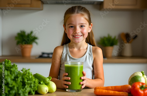 close-up of a girl with a smile in a sports top holding a glass of vegetable smoothie, cucumbers, carrots, broccoli and other vegetables are on the table